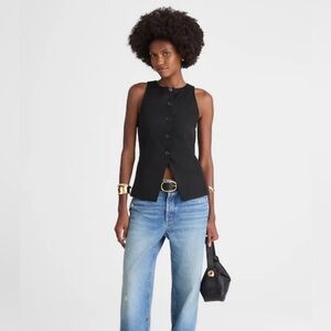 Crewneck Cutaway Vest in Drapey Twill, Navy